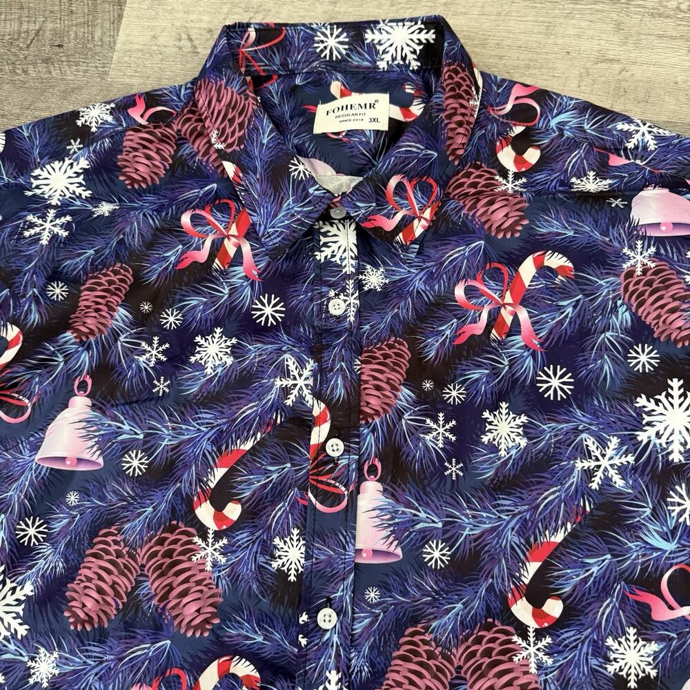 Fohemr Holiday Themed Long Sleeve Christmas Button Up Mens Shirt Size 3XL